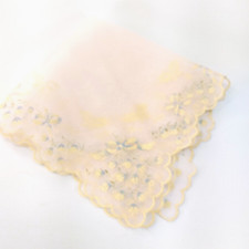 Sheer Pink Handkerchief Flocked Blue  Yellow Bows and Flowers Hanky 14" Square