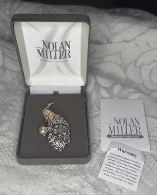 Nolan Miller Brooch Pin Pretty Peacock Bird Blue Crystals Faux Pearl Box