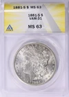 1881-S Morgan Silver Dollar ANACS MS-63 VAM-31 Doubled 18 Variety