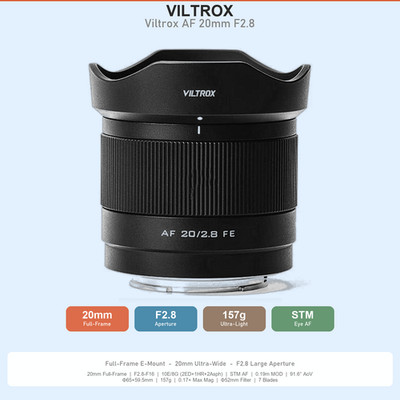 Viltrox 20mm F2.8 FE Lens Sony E Wide Angle F2.8 Low Light 171g US Ship