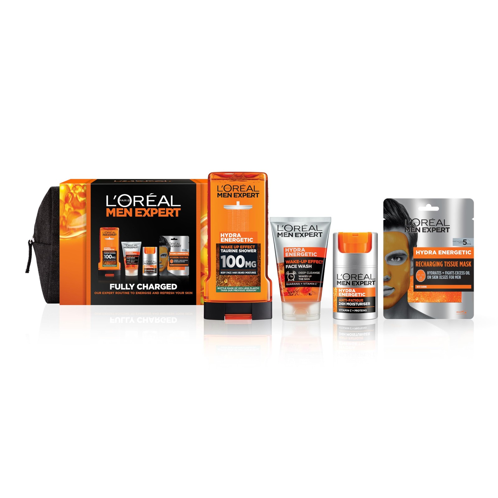 LâOrã©Al Paris L'oreal Men Expert Gift Set For Men, Hydra Energetic Fully Charged Washbag: Shower Gel, Moisturiser For Men, Sheet Face Mask And Face Wash - Image 3