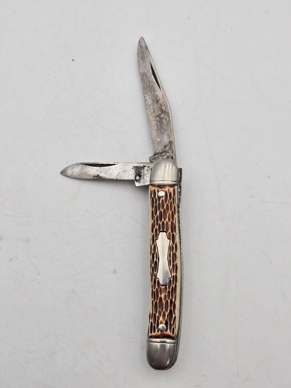 Vtg Colonial USA 2 Blade Pocket Knife Faux Stag Jigged Bone Serpentine Jack Old