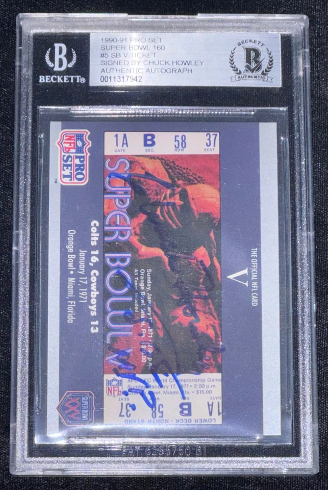 Chuck Howley "SB 5 MVP" 1990 Pro Set Super Bowl V Ticket Signed Card Auto RC BAS - Image 2 of 4
