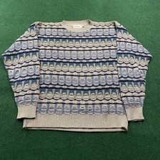 Vintage Striped Sweater Mens L Gray 80S Cotton Heavy 3D Knit Sweatshirt USA MADE