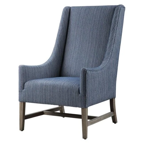 Uttermost Galiot Coastal Wood and Fabric Wingback Accent Chair in Blue and White - Picture 2 of 10