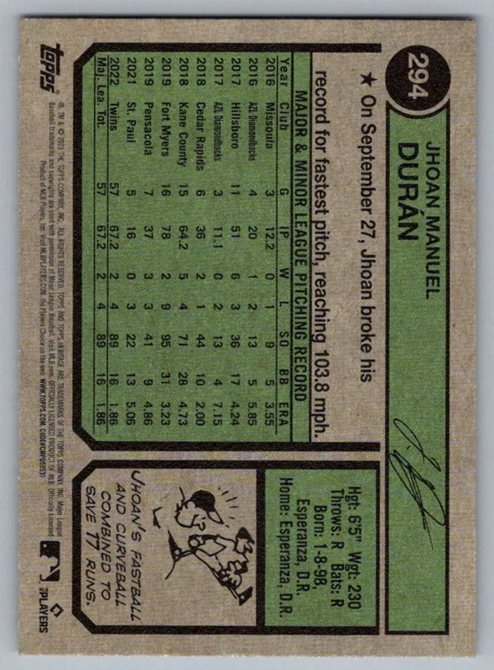 2023 Topps Heritage Jhoan Durán Minnesota Twins #294 - Image 2 of 2