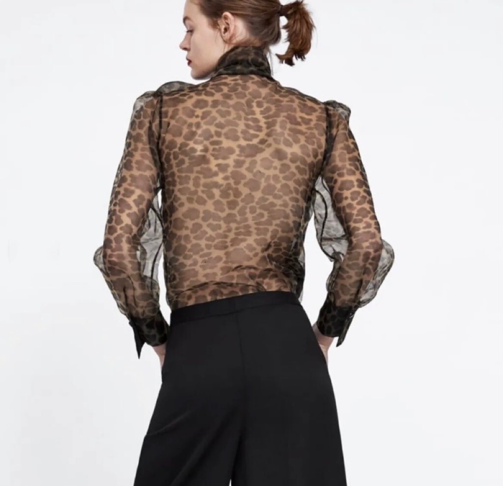 Zara Leopard Print, Bow Tie Puff sleeve Blouse Size L Chiffon Organza RRP49.99 eBay