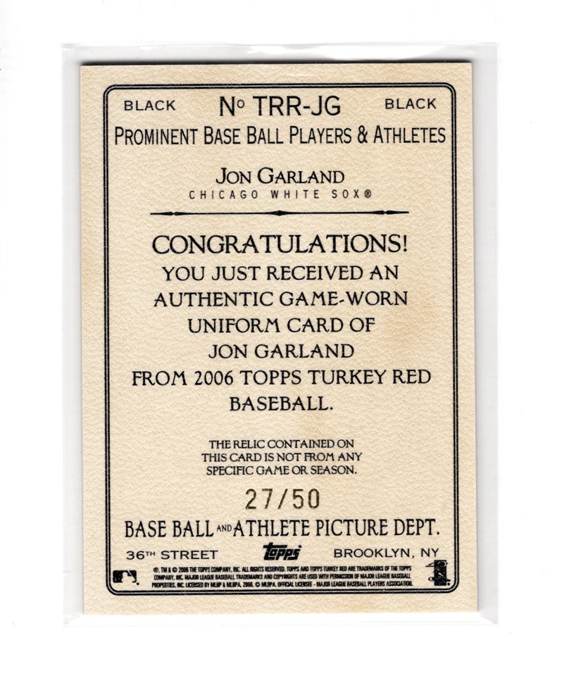 Topps Turkey Red Relics 2006 negro/50 Jon Garland #TRR-JG Chicago White Sox Foto 2 de 2