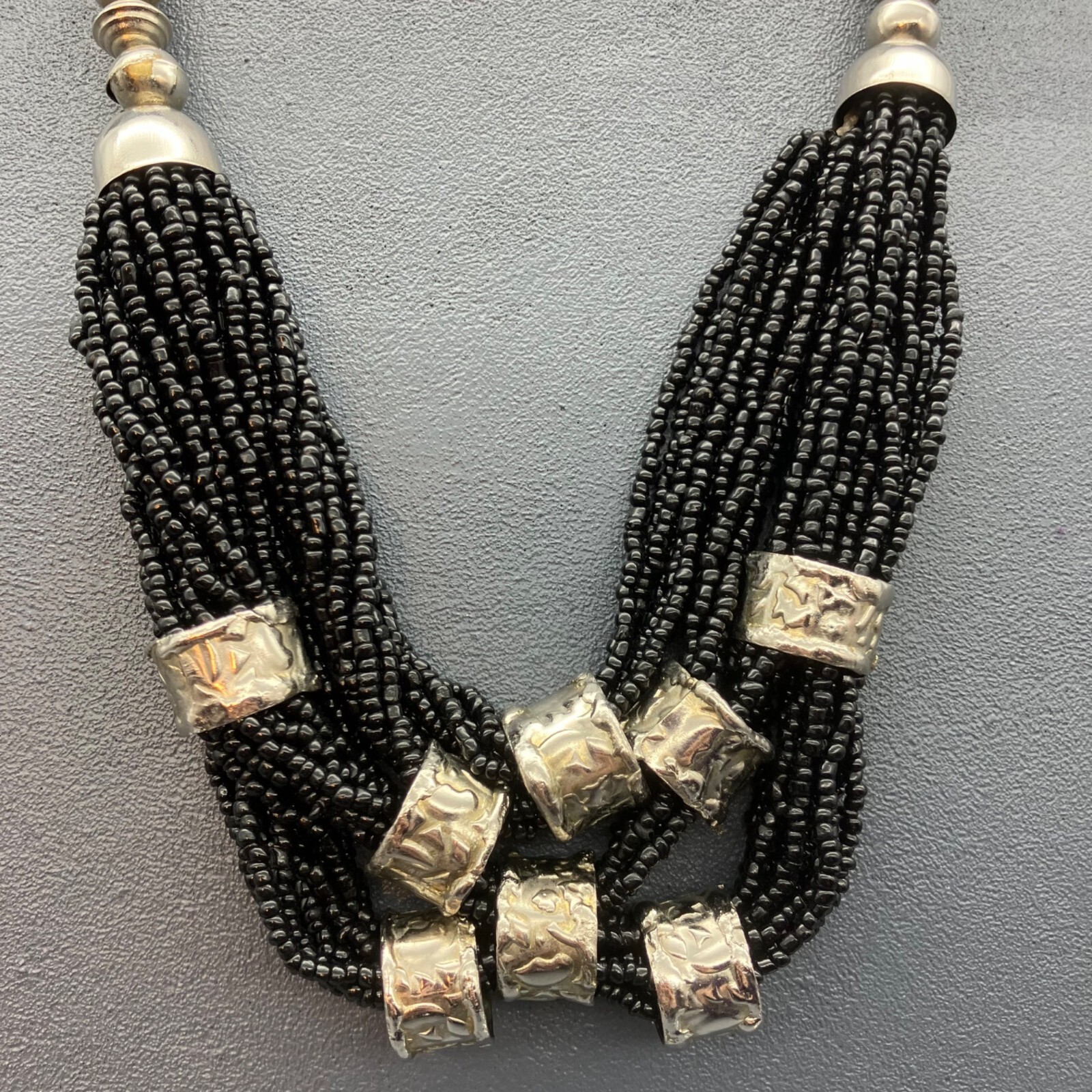 Statement Necklace Chunky Silver Black Multistran… - image 3