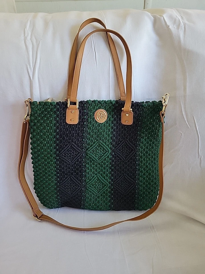 Tory Burch Crochet Zip Tote Tory Navy Emerald Green