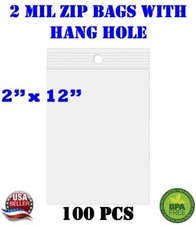 100 - 2" x 12" Zip Seal Reclosable 2Mil Plastic Top Lock Bags Hang Hole Jewelry