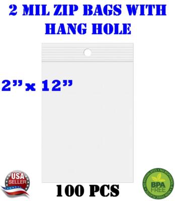 100 - 2'' x 12'' Zip Seal Reclosable 2Mil Plastic Top Lock Bags Hang Hole Jewelry
