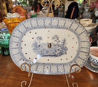 English 19th Century Mulberry Grey & White Transferware Staffordshire Strainer
