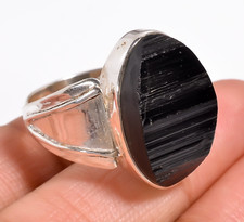 Natural Raw Black Tourmaline Ring Black Stone 925 Sterling Silver Statement Ring