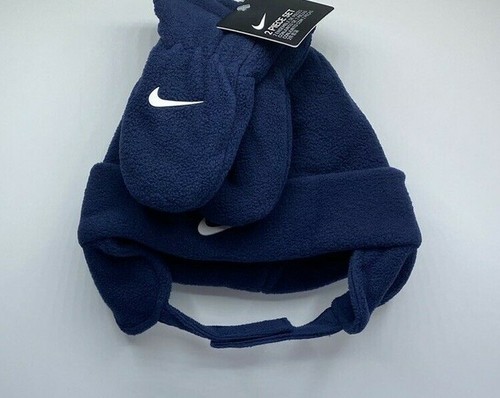 Toddler Boys Age 1-3Y Nike Navy Blue Fleece Trapper Hat & Mittens Set Chin Strap - Picture 3 of 7