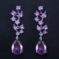 Silver Plated Purple Cubic Zirconia Women Long Leaf Drop Bridal Wedding Earrings