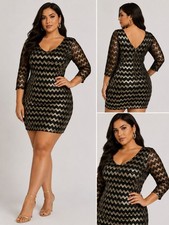 Vintage Black & Gold Zigzag Bodycon Dress Textured Lace Party Cocktail Size 10