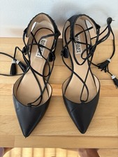 BADGLEY MISCHKA Lace Up Bliss Black Leather Ballet Flats With Crystal Tassels