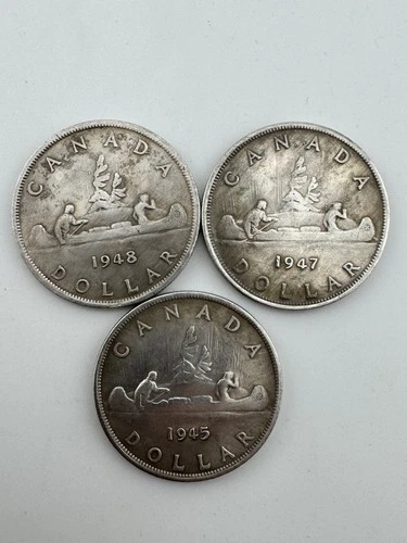 Coin set 3 Canada Dollar 1945 1947 1948  King George VI Canoe Design