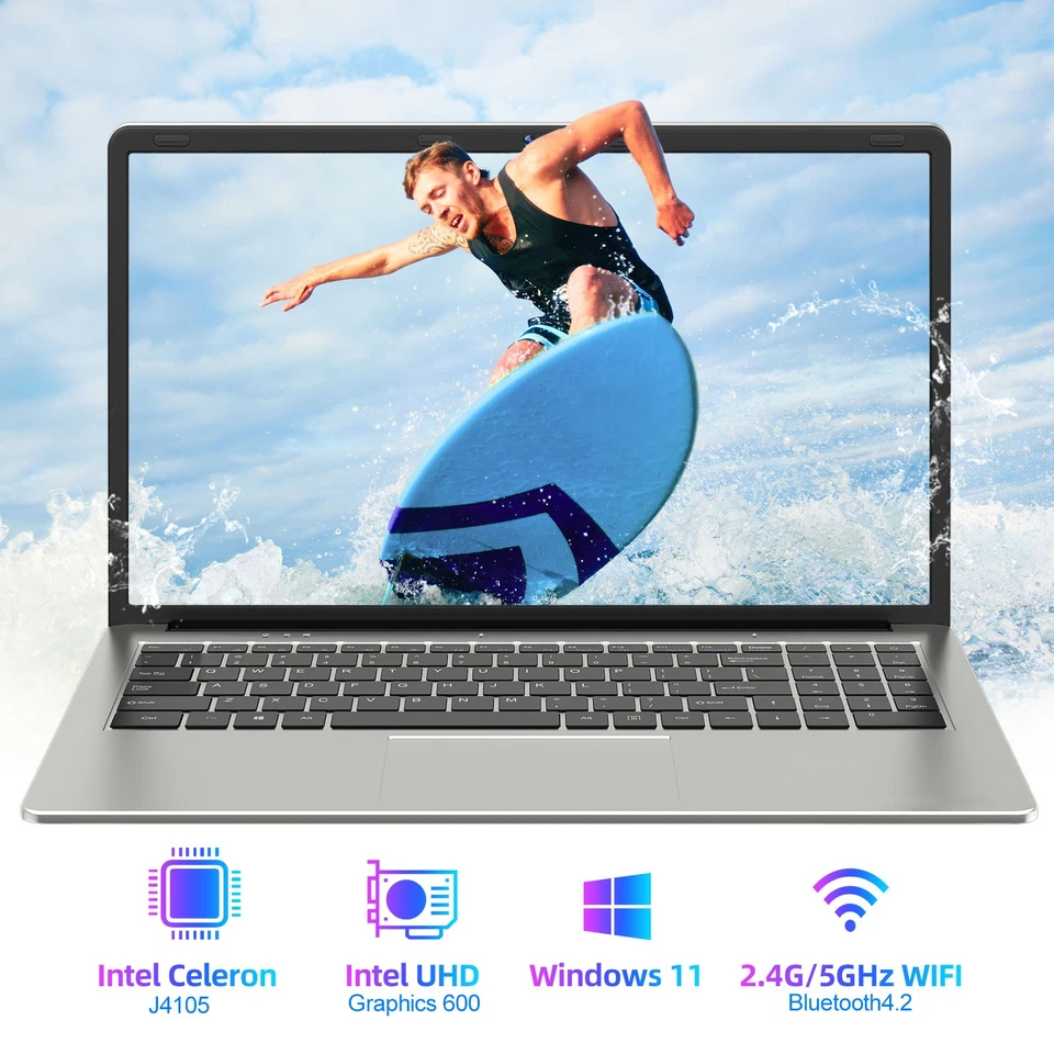 SGIN 15.6" Laptop FHD 4GB RAM 128GB SSD Intel Celeron 2.4 GHz 5.0G WiFi Silver - Image 2 of 4