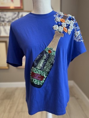 New! QUEEN OF SPARKLES Blue & Orange Sequin Popping Champagne Bottles Tee Large