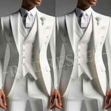 White Men's Wedding Suit Slim Fit Jacket Tudedo Peak Lapel Groom Bridal 3Pcs