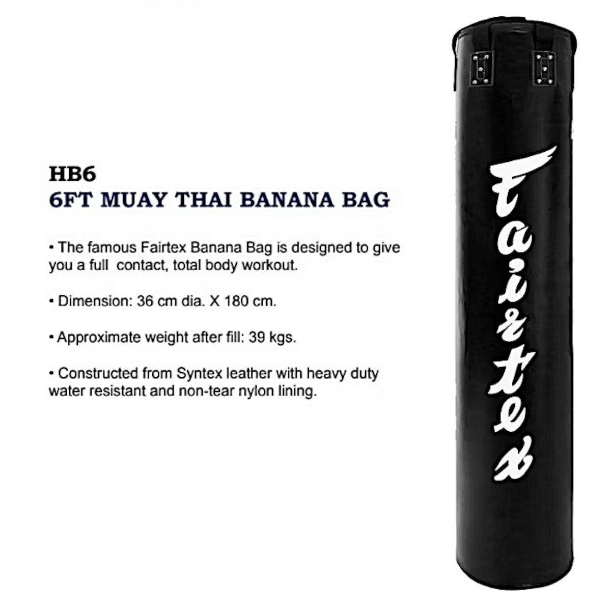 Fairtex HB6 6ft Muay Thai Boxing Banana Bag Heavy Punching Bag