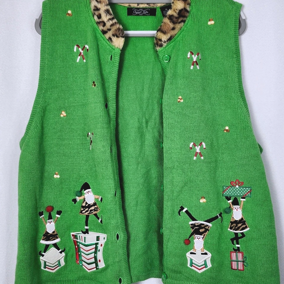 Винтажный 90-х кристалл Кобе праздничный Рождество вязаный свитер жилет женщин XL искусственного меха - Изображение 3 из 4