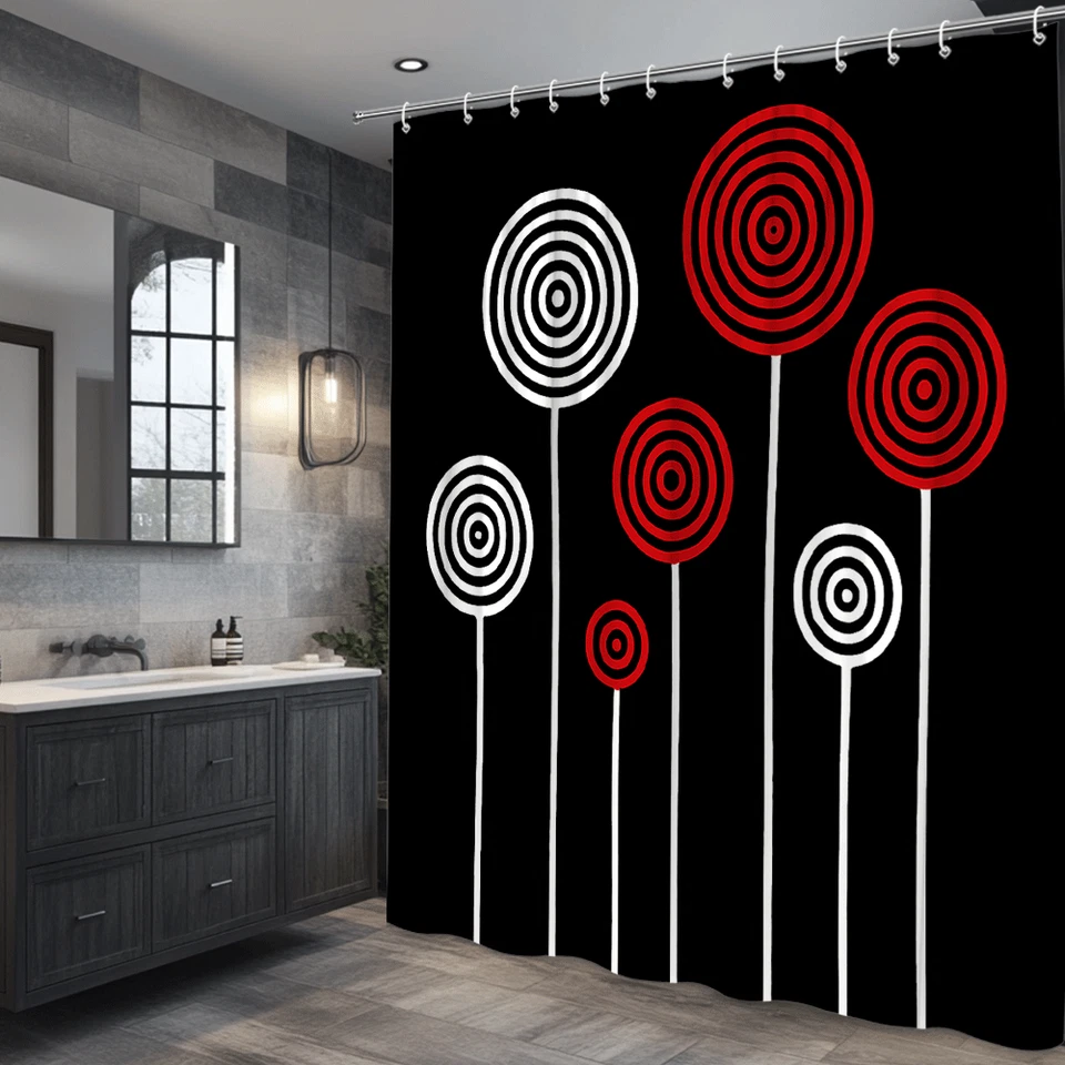 Modern Black and White Shower Curtain with Red Circles Design - Image 4 of 4