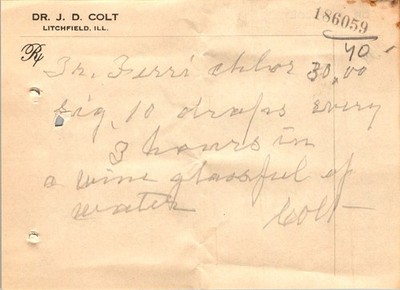 1918 Flu Pandemic Dr J D Colt Litchfield IL Handwritten Medication Script Rx