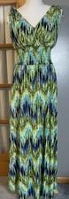 Just Love Chevron Artsy Maxi Dress Sz M Blue Green Smocked Waist Party Beach