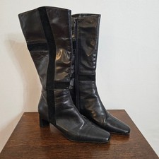 Vintage Black Leather Suede Panel Knee High Boots Square Toe Block Heel 7.5W