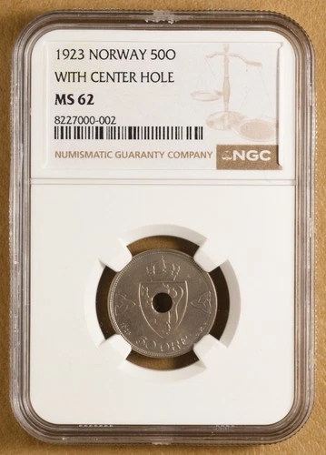 1923 Norway 50 Ore with Center Hole NGC MS62