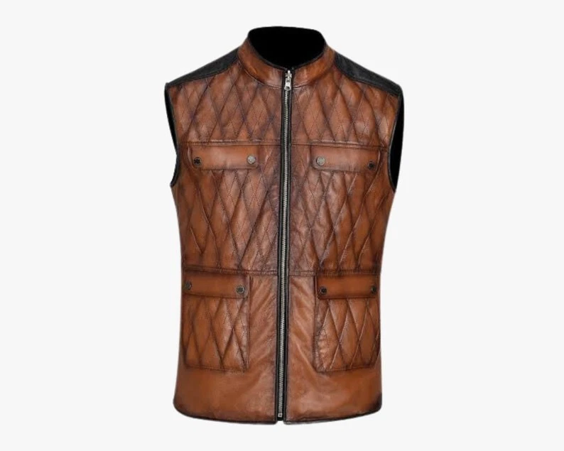 Men's Quilted Genuine Leather Vest Handmade Brown Biker Leather Coat