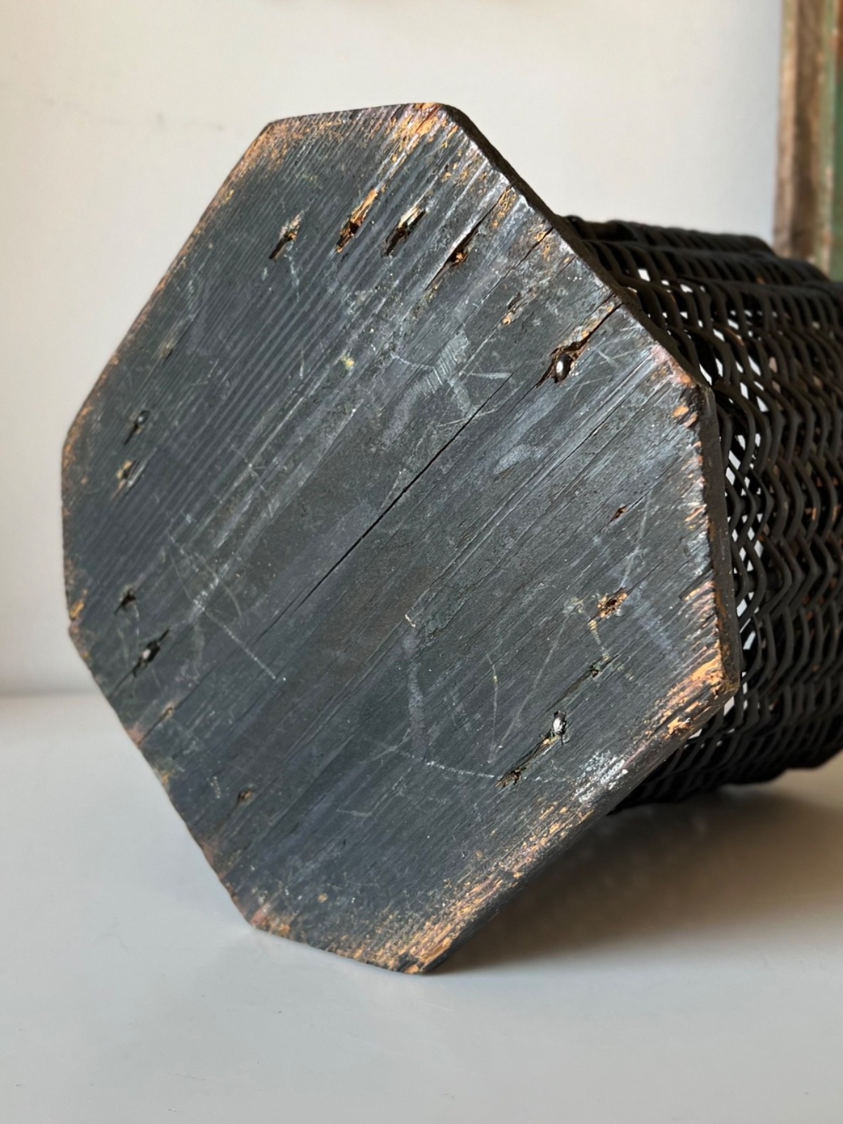 Antique Funeral Flower Basket Black Painted Wicker Woven Mourning Display