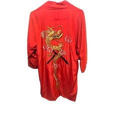 Vintage Red Asian Kimono Golden Embroidered Dragon Haori Robe Wrap Sz 35 Japan