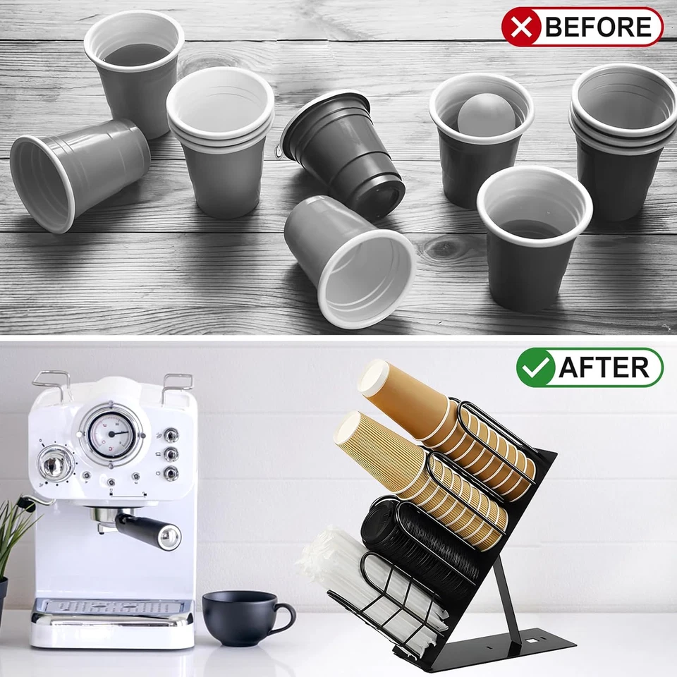 Dispensador de tazas de café, soporte de taza y tapa de metal ajustable de 4 compartimentos, café Foto 4 de 4