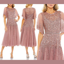 NWT $598 Mac Duggal [ 10 ] Cape Sleeve Beaded Tea A-Line Dress Rosewood #G1540