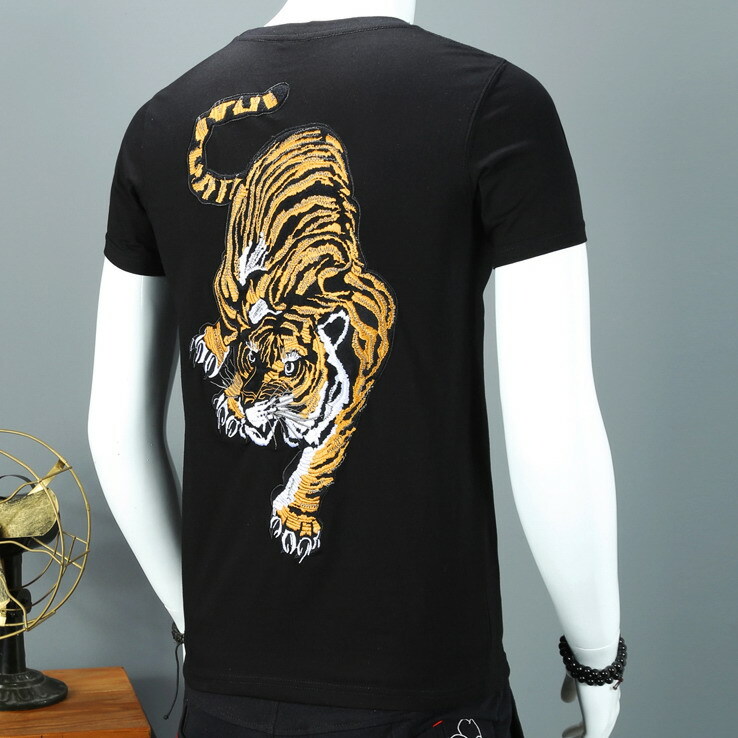 Mens T-Shirt Japanese Pattern Embroidery Tiger Totem Tattoo