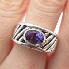 925 Sterling Silver Vintage Real Oval-Cut Amethyst Ribbed Ring Size 7.25