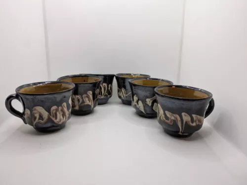 Set of 6 Otagiri (?) Brown Swirl Glaze Pottery Coffee Cup Mug Smiley Face Logo