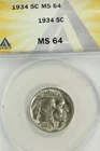 1934 Buffalo Nickel : ANACS MS64