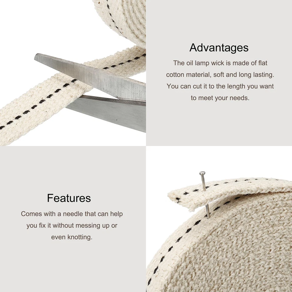 Algodón Aceite Lámpara Mecha 12mm Plano Ancho 3 Metros con Negra Puntada - Imagen 3 de 4