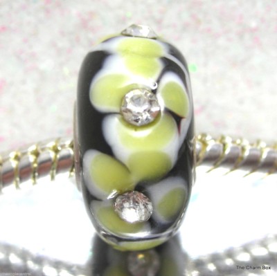 CREME EDELSTEIN BLUME schwarz/creme Blumen/klar Strass Murano Glas Europäische Perle