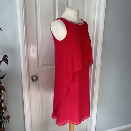 Monsoon Shift Dress UK 10 Sorbet Pink Beaded Neckline Chiffon Layer Party - Picture 8 of 16