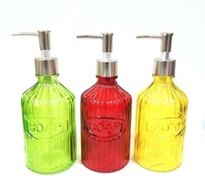 NEW GLASS GREEN,RED,YELLOW,NICKEL SILVER PUMP,SOAP DISPENSER