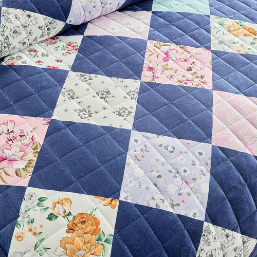 3 Pieces Flannel Floral Patchwork Quilt Set Queen, Argyle Plaid Flowers Navy Des - Picture 6 of 12