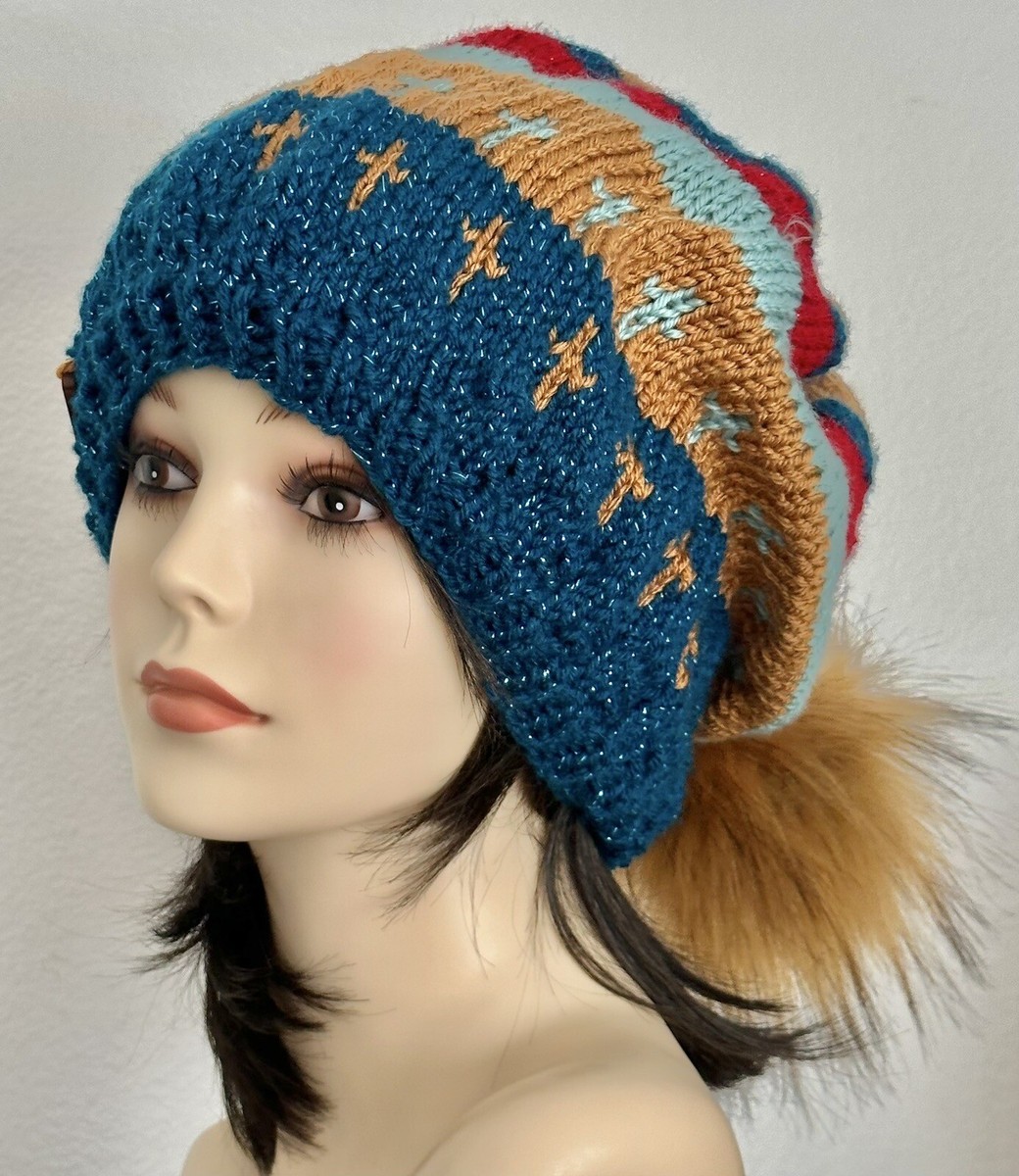 Hand Knits 2 Love Slouch Beanie Hat Hearts Cross Fairisle Designer Faux Fur Pom Hand Knits 2 Love Slouch Beanie Hat Fair-isle Crosses Faux  main image 4