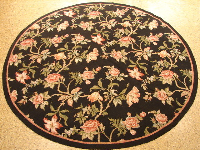 6 x 6 New Floral D?cor Round Rug Wool Flat-Woven Needlepoint Black Rug