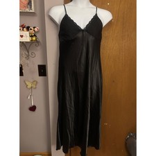 XXXL Black Satin Slip Dress Lace Trim Side Slit Midi Length